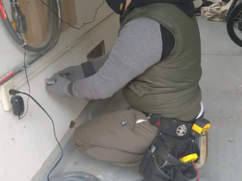 Electrician performing outlet wiring in a Southington garage